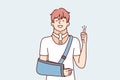 Positive young guy with broken arm and orthopedic collar shows thumb up. Vector image