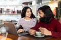 Positive young indian couple using laptop at cafe Royalty Free Stock Photo