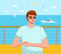 Positive young man in sunglasses standing on the deck of a sea ship, yachts sailing behind him