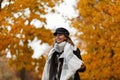 Positive young woman in warm stylish autumn outerwear in an elegant black hat with a trendy scarf walks through the woods on an Royalty Free Stock Photo
