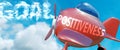 Positiveness helps achieve a goal - pictured as word Positiveness in clouds, to symbolize that Positiveness can help achieving