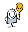 Positve cartoon person hand drawn in vector style holds a hppy face yellow balloon.