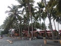 A cafe or restaurant to relax on the beach with coconut trees and beautiful sea views.