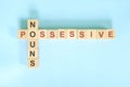 Possessive Nouns concept in English grammar education. Wooden block crossword puzzle flat lay in blue background.