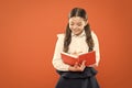 Possible everything. Schoolgirl enjoy study. Kid school uniform hold workbook. School lesson. Child doing homework. Your