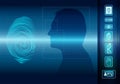 Biometric electronic system for the identification of individual identity. Fingerprint scan. Face of man in profile silhouette. Ic