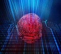Access and security data analysis for human biometric identification. Digital machine red fingerprint verification. 3d illustratio