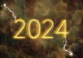 A possibly stormy year of 2024 lies ahead and is seen with a neon 2024 powered by lightning Royalty Free Stock Photo