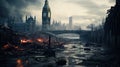 Post apocalypse in destroyed London, apocalyptic view after world war