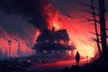 Post-apocalypse, fire, night, red clouds, victorian style