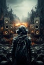 Post apocalypse, person listens to apocalyptic music in destroyed city Royalty Free Stock Photo