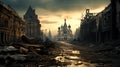 Post apocalypse in Russia, apocalyptic scene of destroyed city at sunset Royalty Free Stock Photo