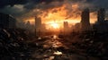 Post apocalypse view, apocalyptic scene of destroyed city at sunset Royalty Free Stock Photo