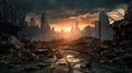 Post apocalypse after World war, apocalyptic destroyed city at sunset Royalty Free Stock Photo