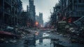 Post apocalypses in city, ruined buildings on destroyed street at sunset