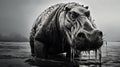 Post-apocalyptic Black And White Hippo In Water