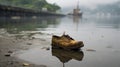 Post-apocalyptic Brown Shoe Floating In Misty Urban Waters