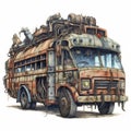 Post-apocalyptic Bus Illustration: Detailed Science Fiction Artwork