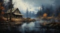 Post-apocalyptic Cabin Painting: A Serene Lake In A Somber Forest Royalty Free Stock Photo