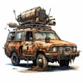 Post-apocalyptic Car Illustration With Rusty Weapons Royalty Free Stock Photo