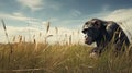 Post-apocalyptic Chimpanzee: A Captivating Image Of A Chimp Grazing In A Desolate Field
