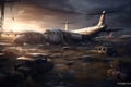 Post-apocalyptic city with abandoned airport building. Generative AI Royalty Free Stock Photo