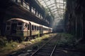 Post-apocalyptic city with abandoned train station and trains. Generative AI