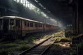 Post-apocalyptic city with abandoned train station and trains. Generative AI