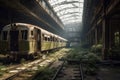 Post-apocalyptic city with abandoned train station and trains. Generative AI