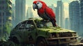 Post-apocalyptic City Landscape With Parrot On Broken Car - Vector Anime Art