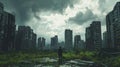 Post-apocalyptic cityscape with a lone figure standing amidst ruins. mysterious and moody urban exploration scene