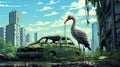 Post-apocalyptic Cityscape: Pelican Stands On Broken Car In Anime Vector Art