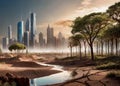 Post-apocalyptic cityscape with skyscrapers surrounded with environment remains, trees, eroised ground and dried up rivers evening