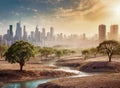 Post-apocalyptic cityscape with skyscrapers surrounded with environment remains, trees, eroised ground and dried up rivers evening