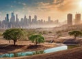 Post-apocalyptic cityscape with skyscrapers surrounded with environment remains, trees, eroised ground and dried up rivers evening