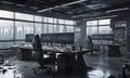 Post-Apocalyptic Control Room Overlooking a Misty Cityscape, AI Generated Royalty Free Stock Photo