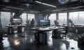 Post-Apocalyptic Control Room Overlooking a Misty Cityscape, AI Generated Royalty Free Stock Photo