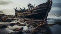 Post-apocalyptic Dead Ship On Beach: Darktable Processing And Grim Realism Royalty Free Stock Photo