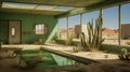 Post-apocalyptic Desert Room With Cactus Plants And Pool