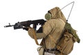 Post-apocalyptic fiction concept - stalker in gas mask with ak-47 gun Royalty Free Stock Photo