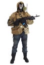Post-apocalyptic fiction concept - stalker in gas mask with ak-47 gun Royalty Free Stock Photo