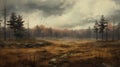 Post-apocalyptic Forest Painting With Birds: A Dark And Gloomy Landscape