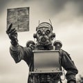 Post-apocalyptic Futuristic Man With Gas Mask Holding Sign Royalty Free Stock Photo