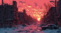 Post-apocalyptic landscape, destroyed city at sunset in winter, pixel art