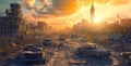 Post apocalyptic landscape with ruined city after nuclear war