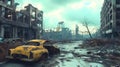 Post apocalyptic landscape with ruined city after nuclear war