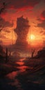 Post-apocalyptic Lowlands With Red Sun Illustration