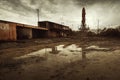 post Apocalyptic Nasa launch pad with old rusted Artamis 1 rock 80mm Lens abandoned cars overgrown puddles on asphalt apocalyptic