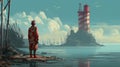 Post-apocalyptic Piratepunk: Woman And Lighthouse In Lucid Cyan And Crimson