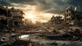 A post-apocalyptic ruined city. Destroyed buildings, burnt-out vehicles and ruined roads.